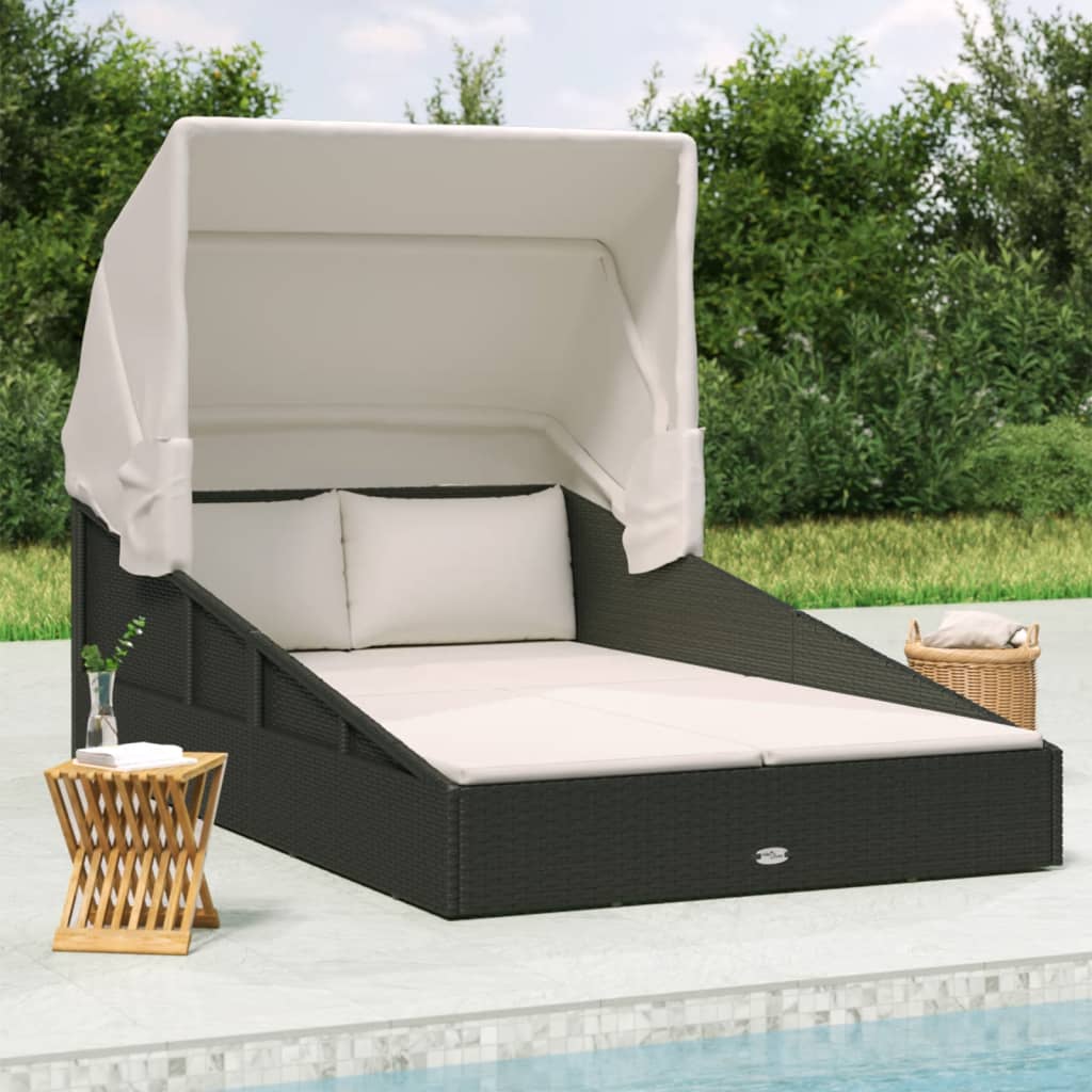 vidaXL Sun Lounger with Foldable Roof 200x114x128 cm Poly Rattan Brown