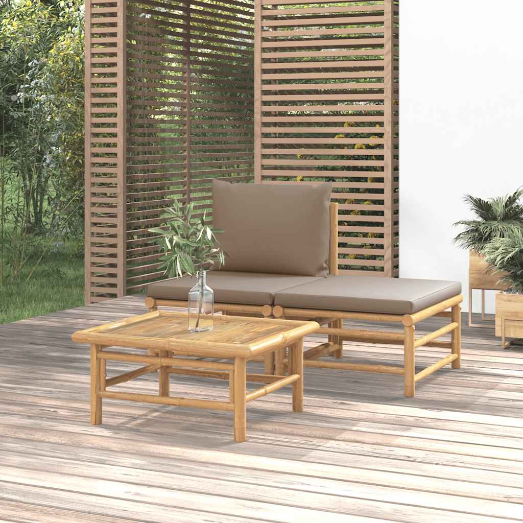 vidaXL 3-delige Loungeset met kussens bamboe lichtgrijs