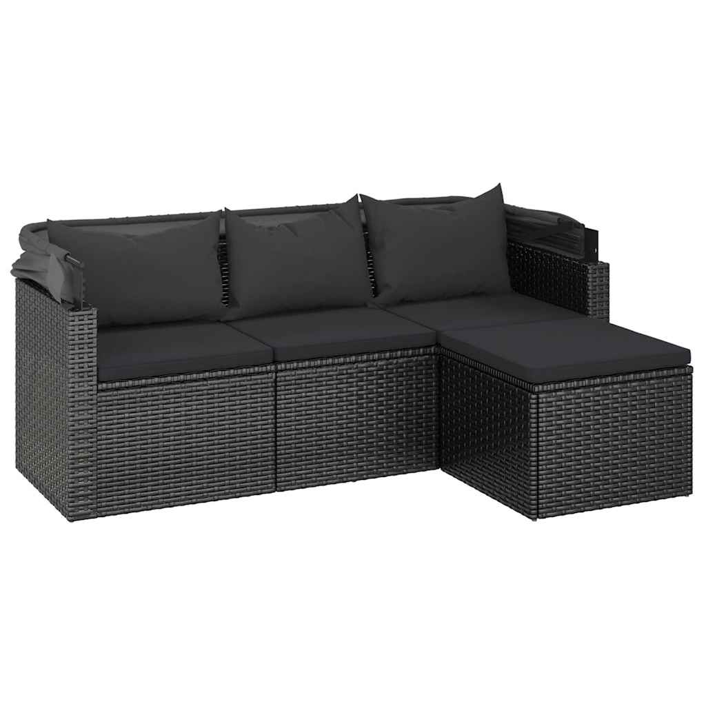 vidaXL Tuinbank 3-zits met dak en voetenbank poly rattan zwart