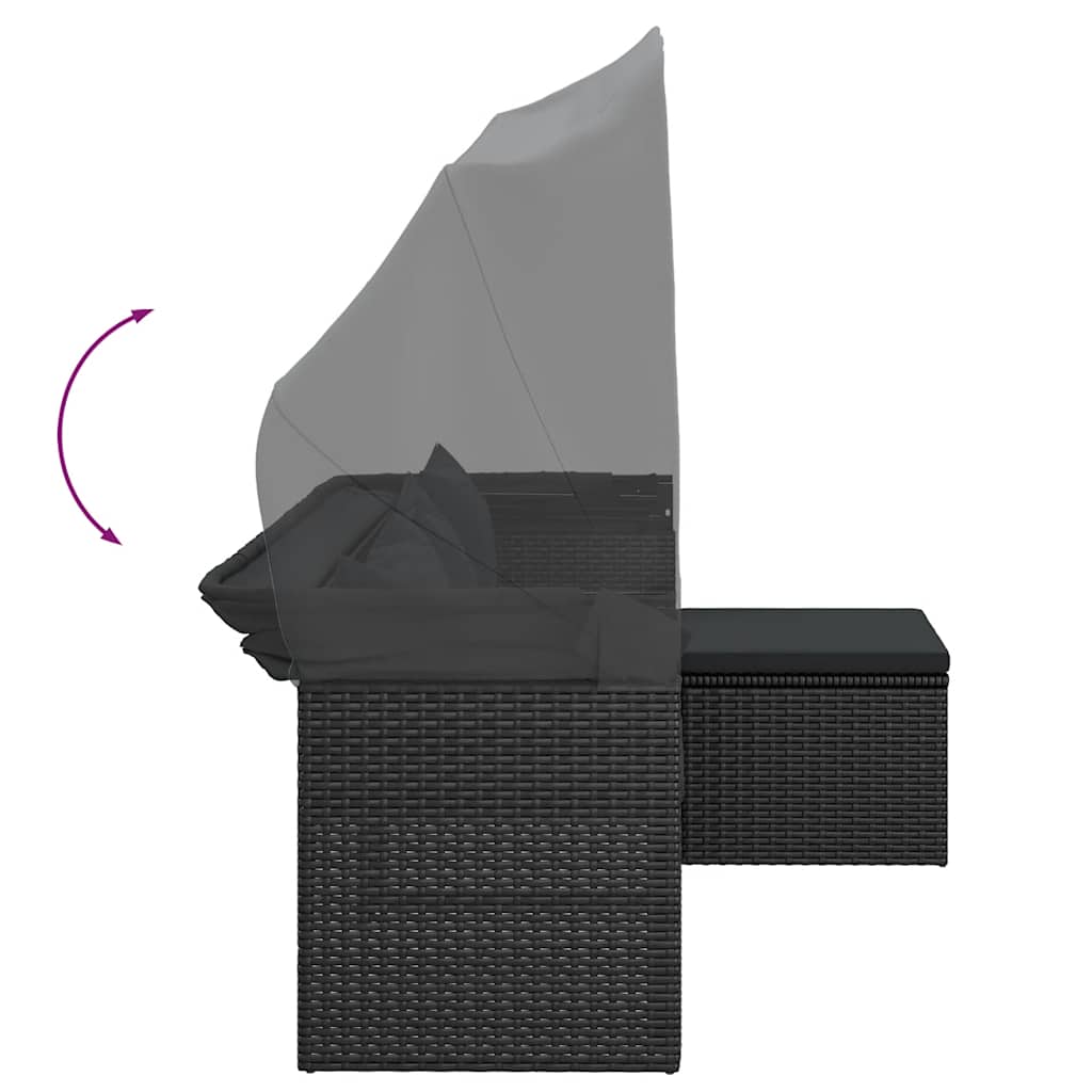 vidaXL Tuinbank 3-zits met dak en voetenbank poly rattan zwart