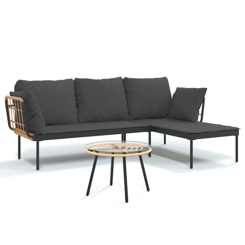 vidaXL 3-delige Loungeset met kussens poly rattan beige