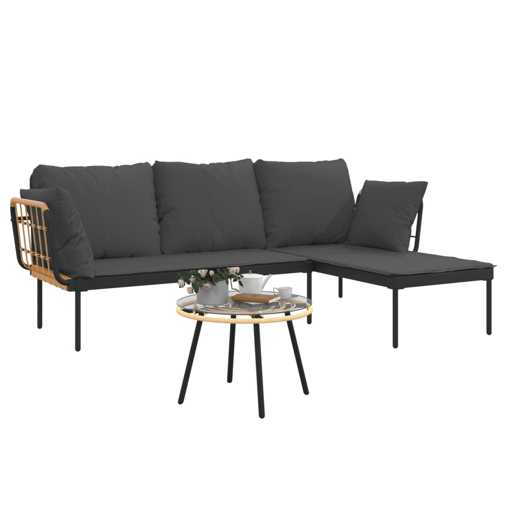 vidaXL 3-delige Loungeset met kussens poly rattan beige