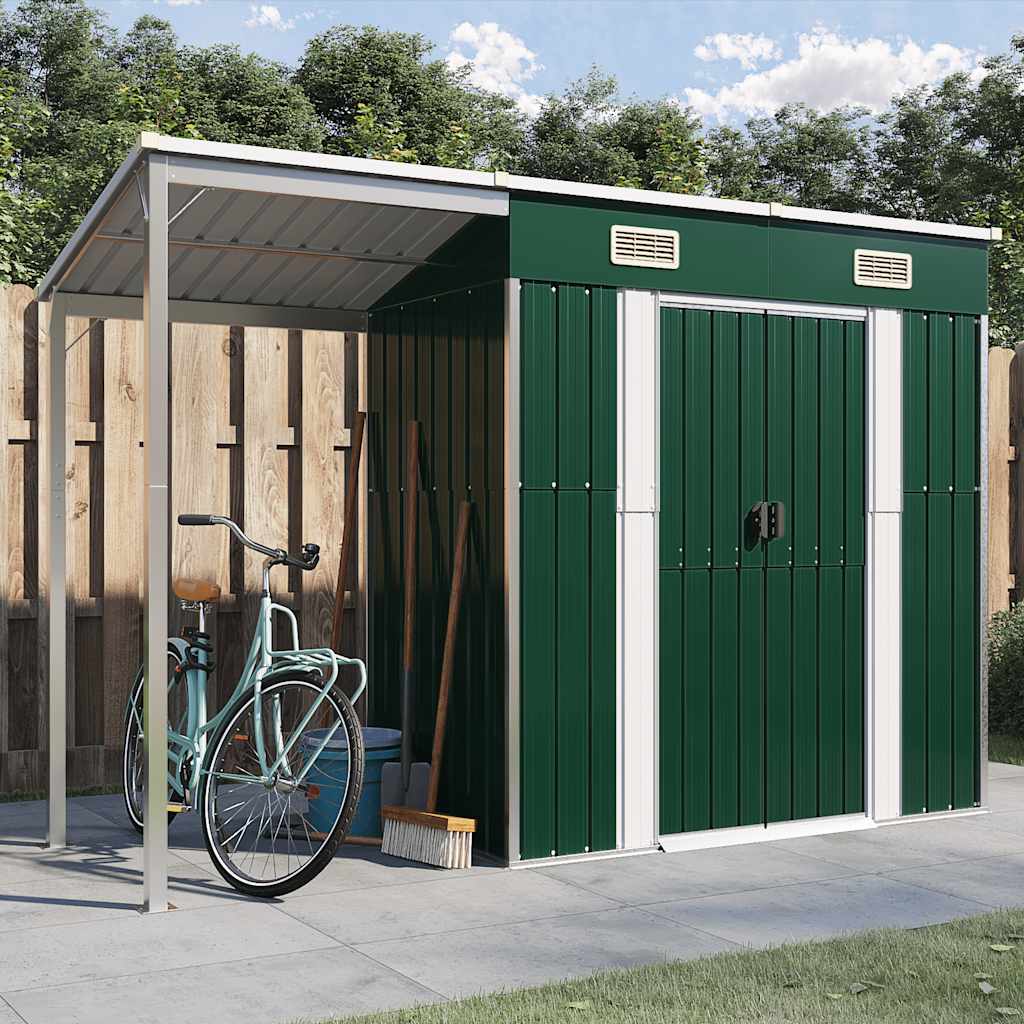 vidaXL Tuinschuur met verlengd dak 277x107x181 cm staal groen