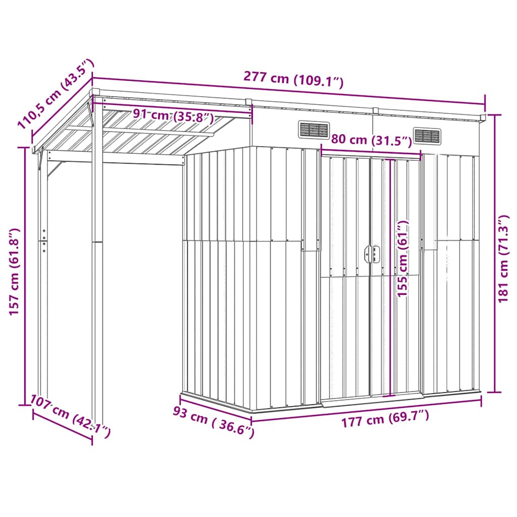vidaXL Tuinschuur met verlengd dak 277x107x181 cm staal groen
