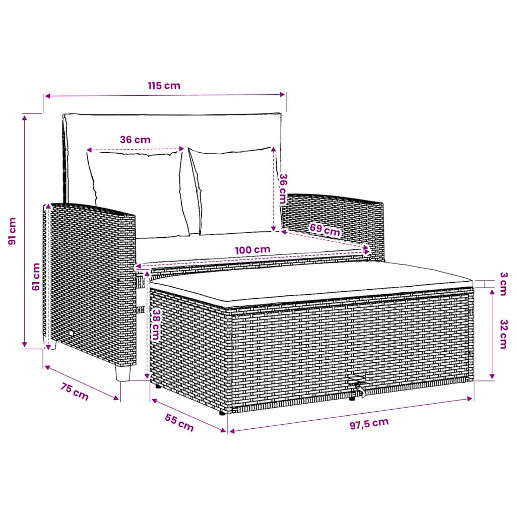 vidaXL Tuinbank 2-zits met kussens poly rattan zwart