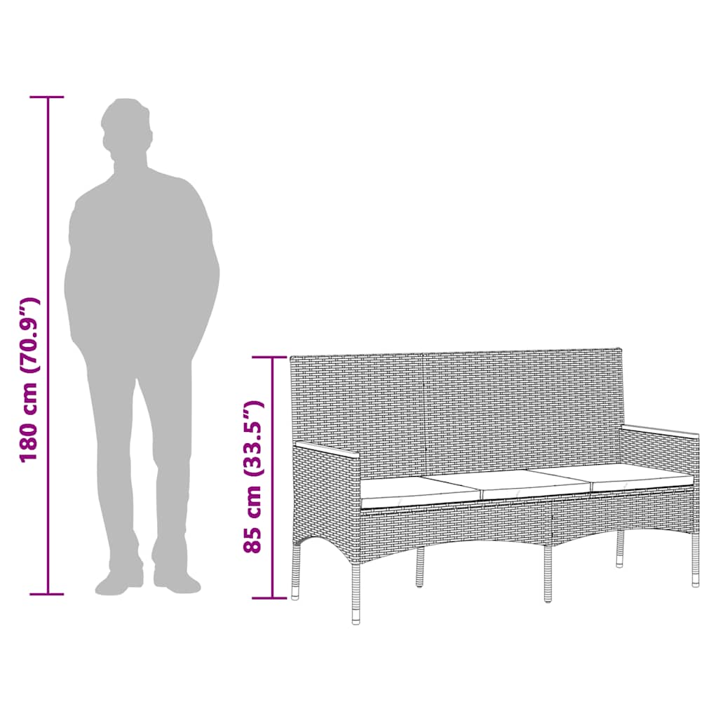 vidaXL Tuinbank 3-zits met kussens poly rattan zwart