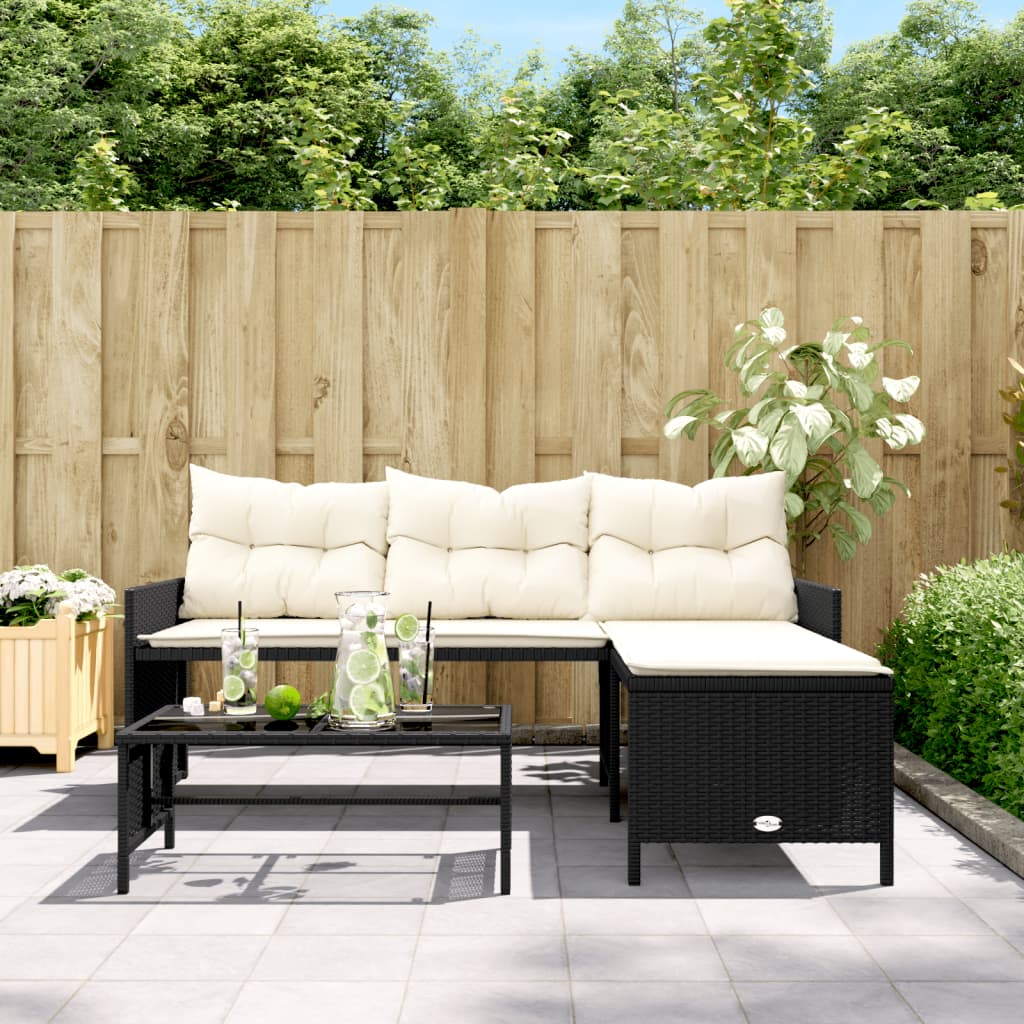 vidaXL Garden Bench with Table and Cushions L-Shaped Poly Rattan Black