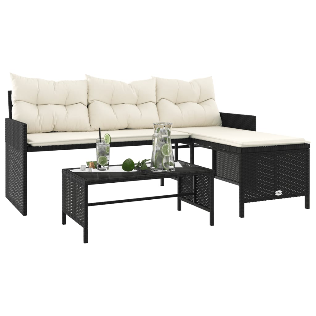vidaXL Garden Bench with Table and Cushions L-Shaped Poly Rattan Black