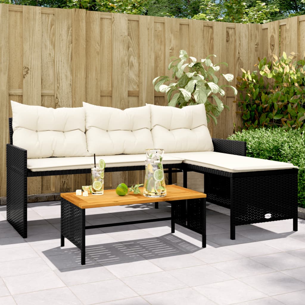 vidaXL Garden Bench with Table and Cushions L-Shaped Poly Rattan Black