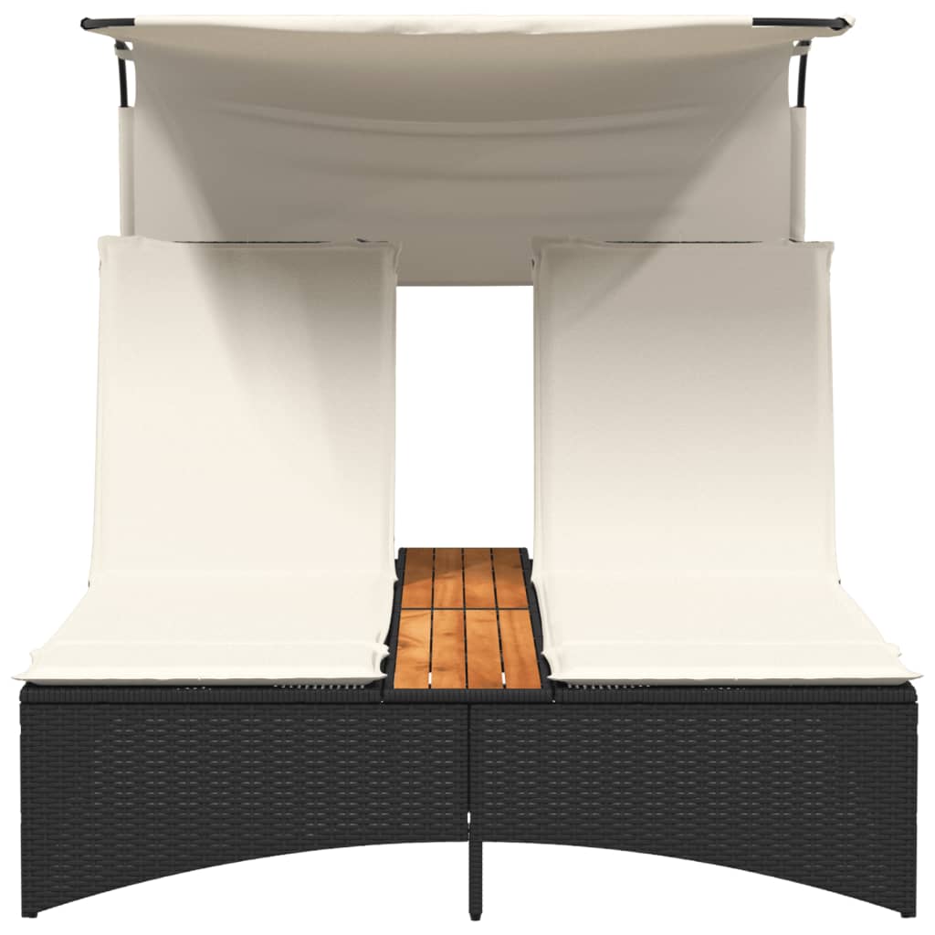 vidaXL Ligbed 2-persoons met luifel en kussens poly rattan zwart
