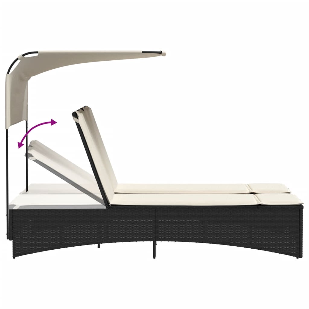 vidaXL Ligbed 2-persoons met luifel en kussens poly rattan zwart