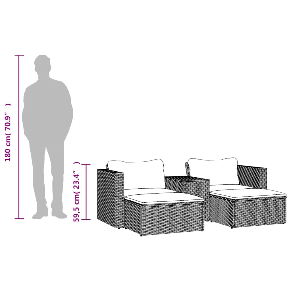 vidaXL 5-delige Loungeset met kussens poly rattan acacia zwart