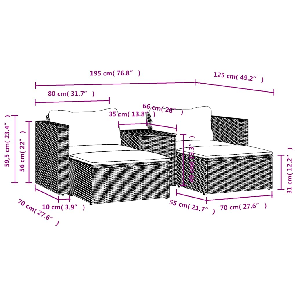vidaXL 5-delige Loungeset met kussens poly rattan acacia zwart