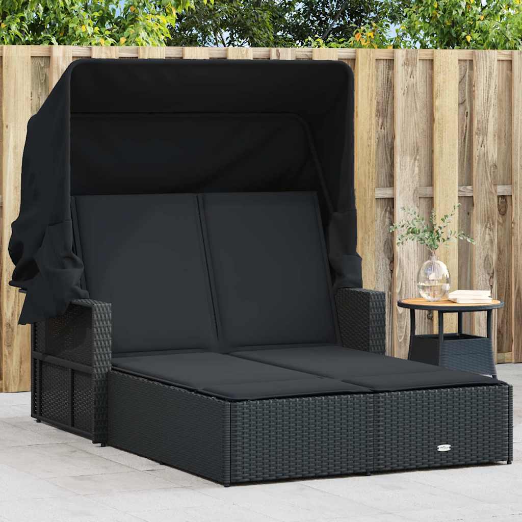 vidaXL Ligbed 2-persoons met luifel en kussens poly rattan zwart