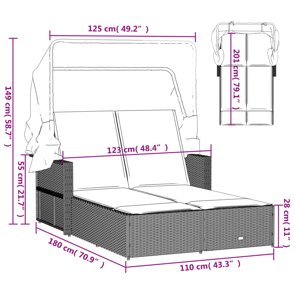 vidaXL Ligbed 2-persoons met luifel en kussens poly rattan zwart