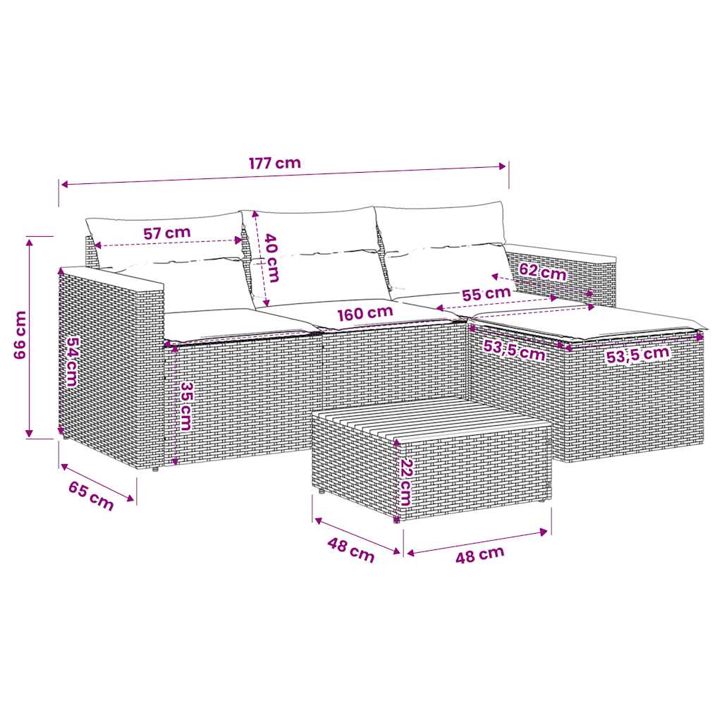 vidaXL 3-delige Loungeset met kussens poly rattan zwart