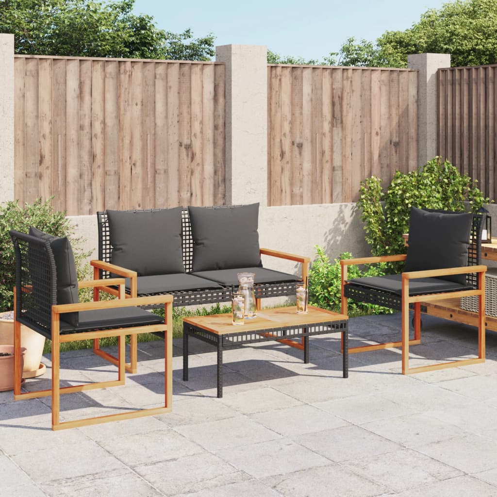 vidaXL 4-delige Loungeset met kussens poly rattan zwart