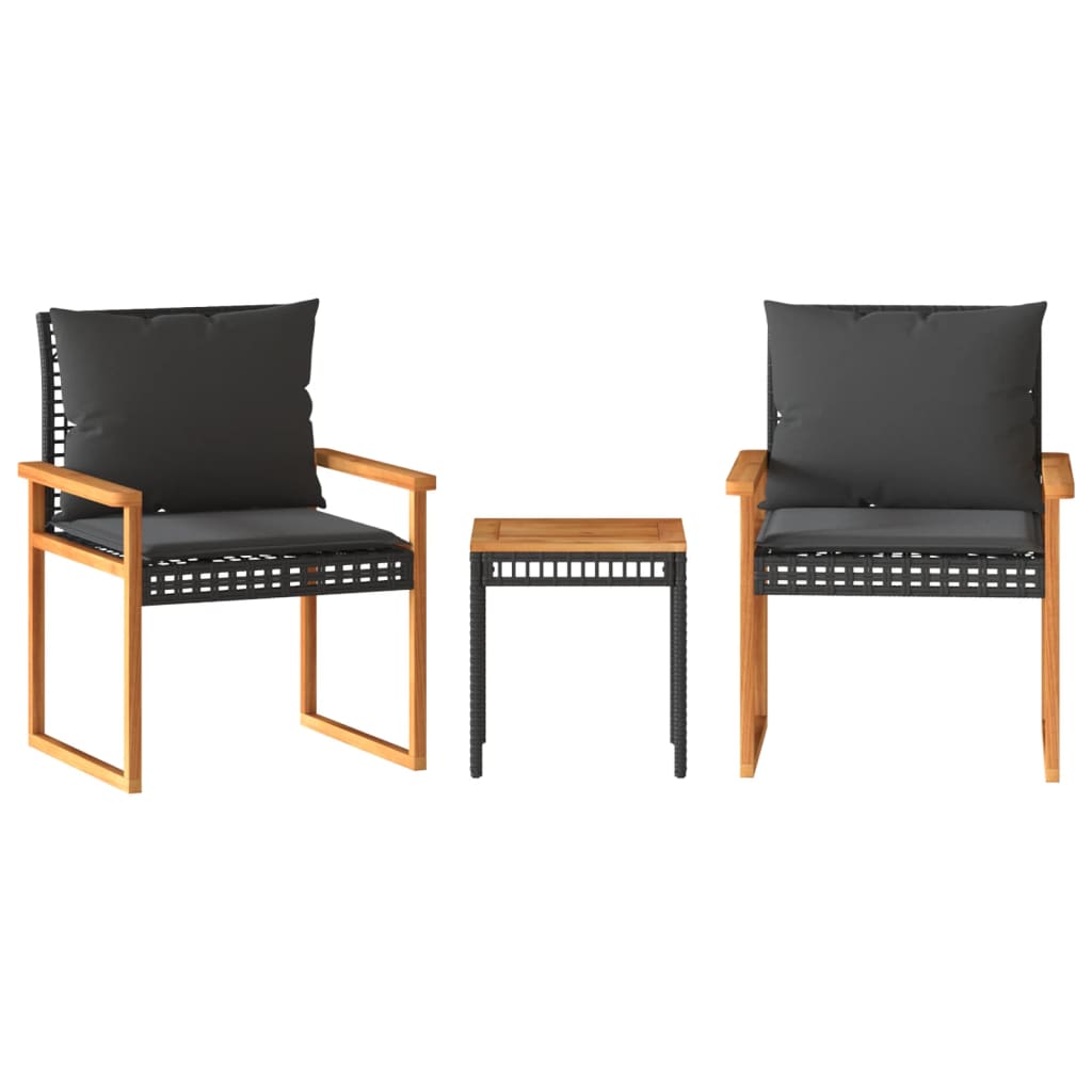 vidaXL 3-delige Bistroset met kussens poly rattan en acaciahout zwart