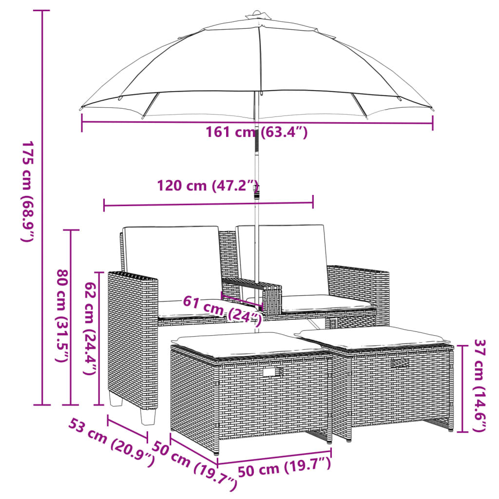 vidaXL Tuinbank 2-zits met parasol en voetenbanken poly rattan zwart