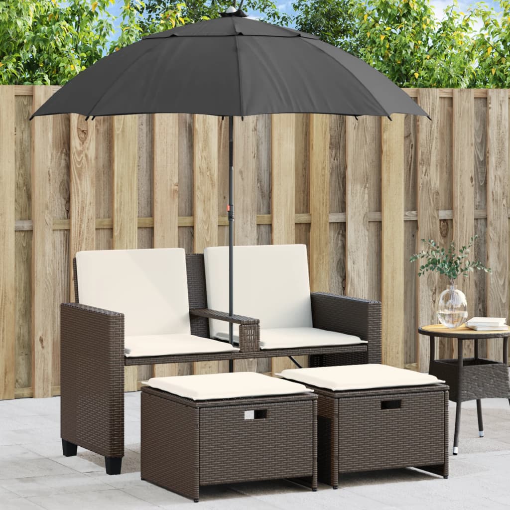 vidaXL Tuinbank 2-zits met parasol en voetenbanken poly rattan zwart