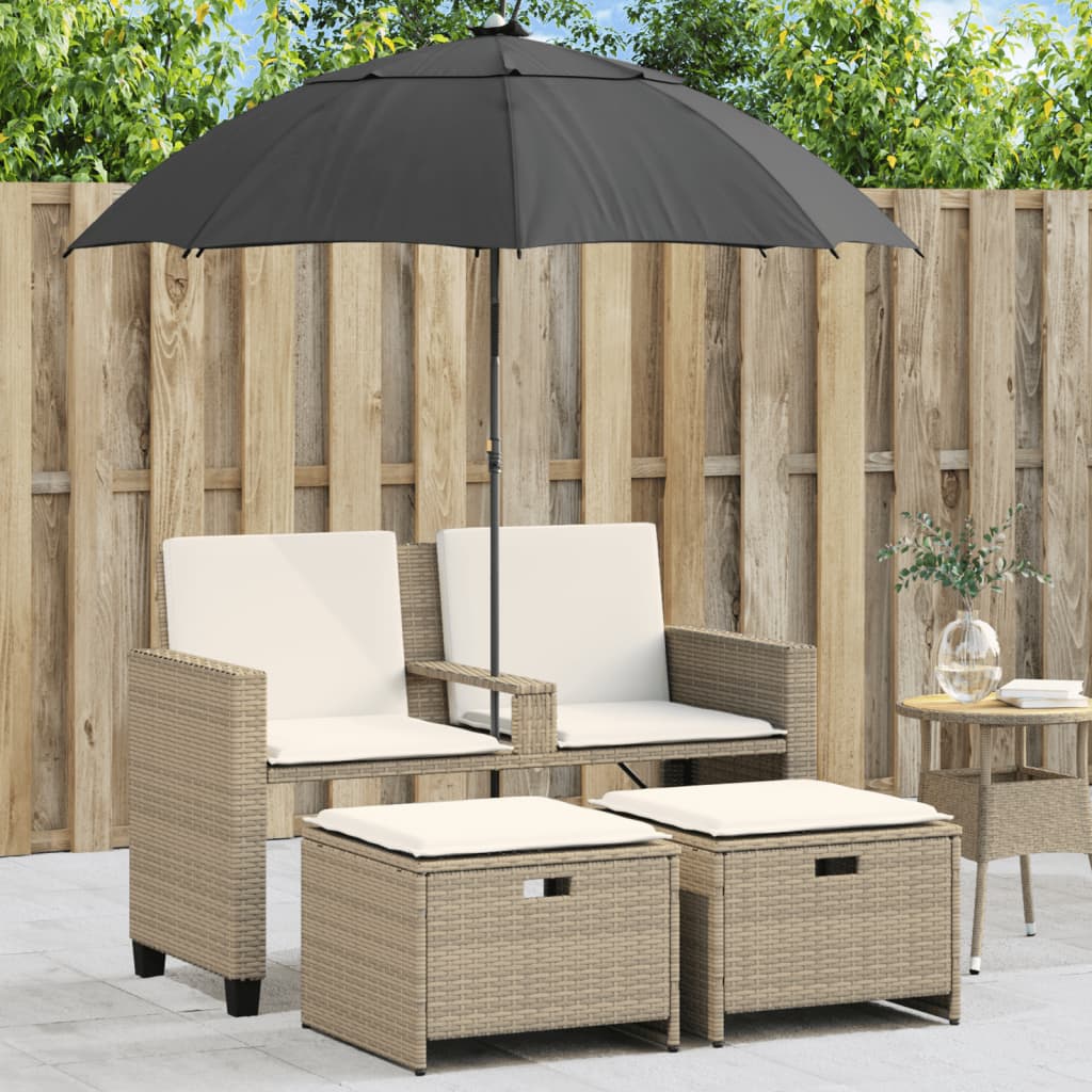 vidaXL Tuinbank 2-zits met parasol en voetenbanken poly rattan zwart