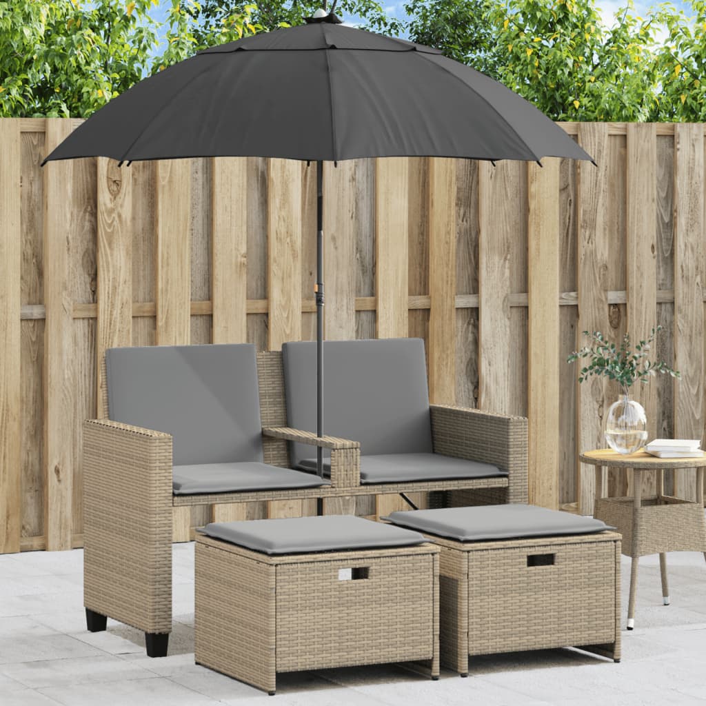 vidaXL Tuinbank 2-zits met parasol en voetenbanken poly rattan zwart