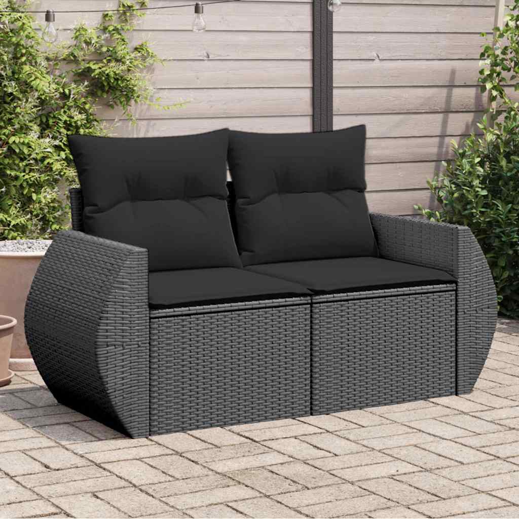 vidaXL Tuinbank 2-zits met kussens poly rattan zwart