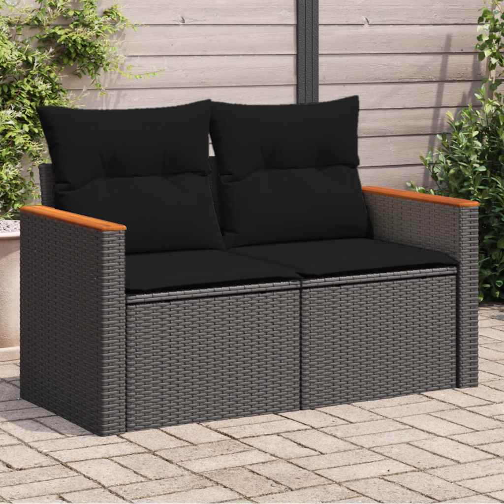 vidaXL Tuinbank met kussens 2-zits zwart poly rattan