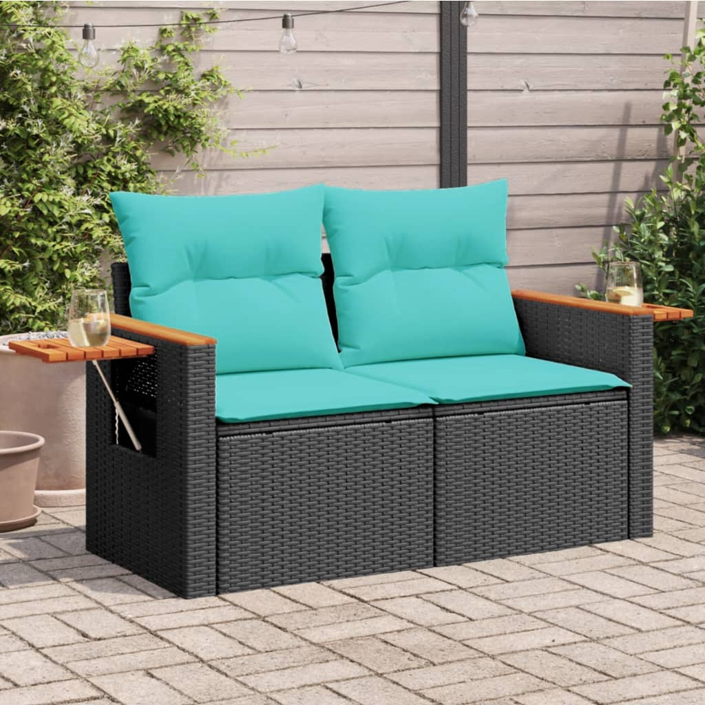 vidaXL Tuinbank met kussens 2-zits poly rattan zwart