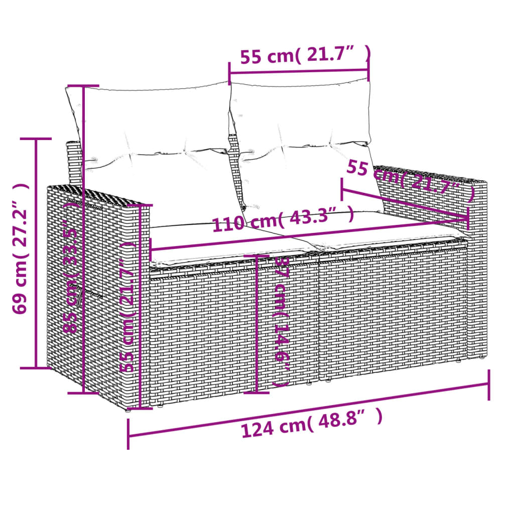 vidaXL Tuinbank 2-zits met kussens poly rattan zwart