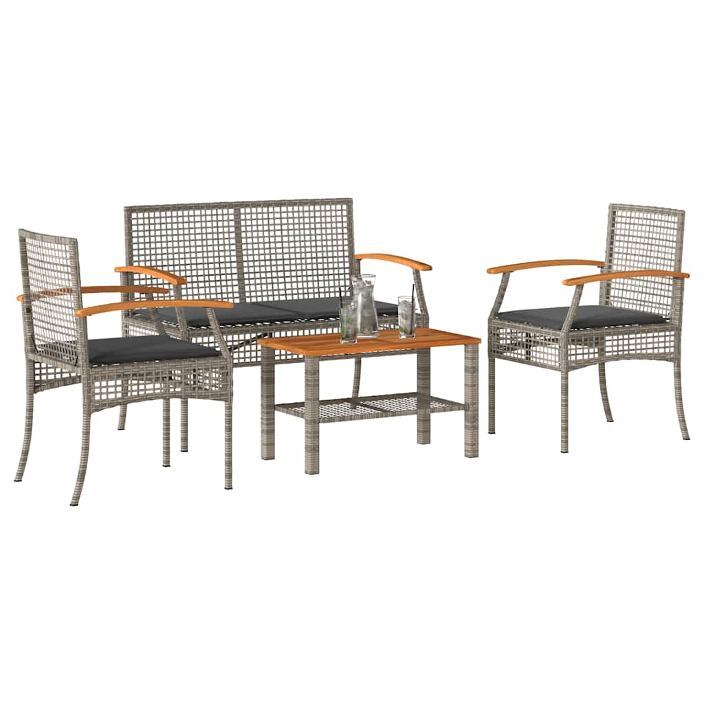 vidaXL 3-delige Bistroset met kussens poly rattan en acaciahout zwart