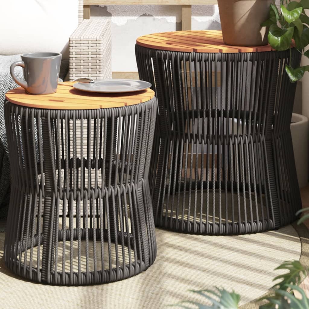 vidaXL Tuinbijzettafels 2 st met houten blad poly rattan zwart