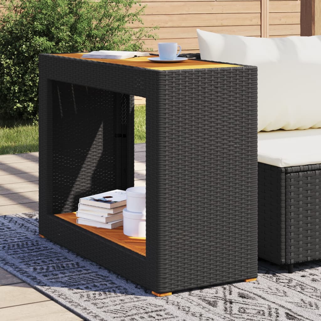 vidaXL Tuinbijzettafel met houten blad 60x40x75 cm poly rattan zwart