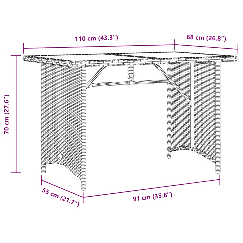 vidaXL Tuintafel met glazen blad 110x68x70 cm poly rattan zwart