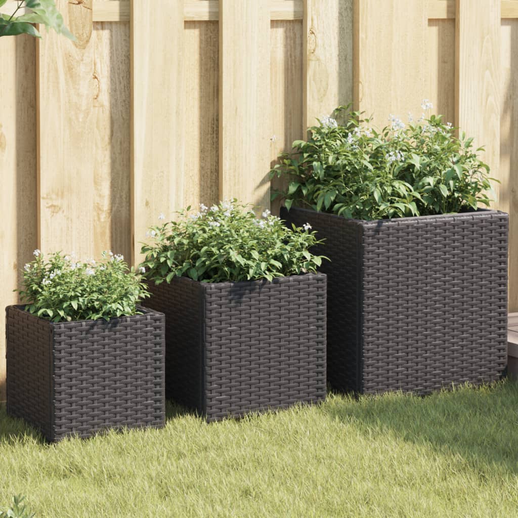 vidaXL Planters 3 pcs poly rattan black