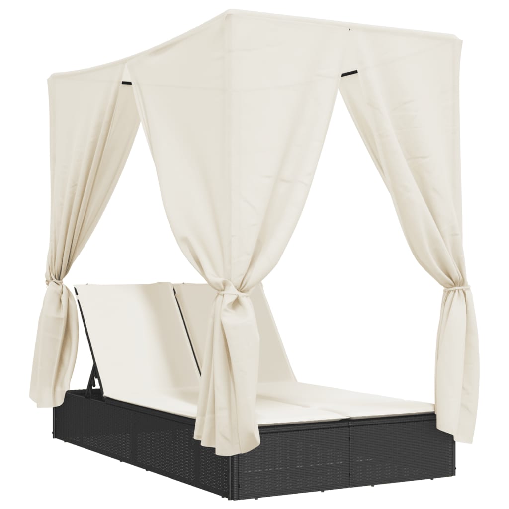 vidaXL Double Sun Lounger with Roof and Curtain Poly Rattan Black