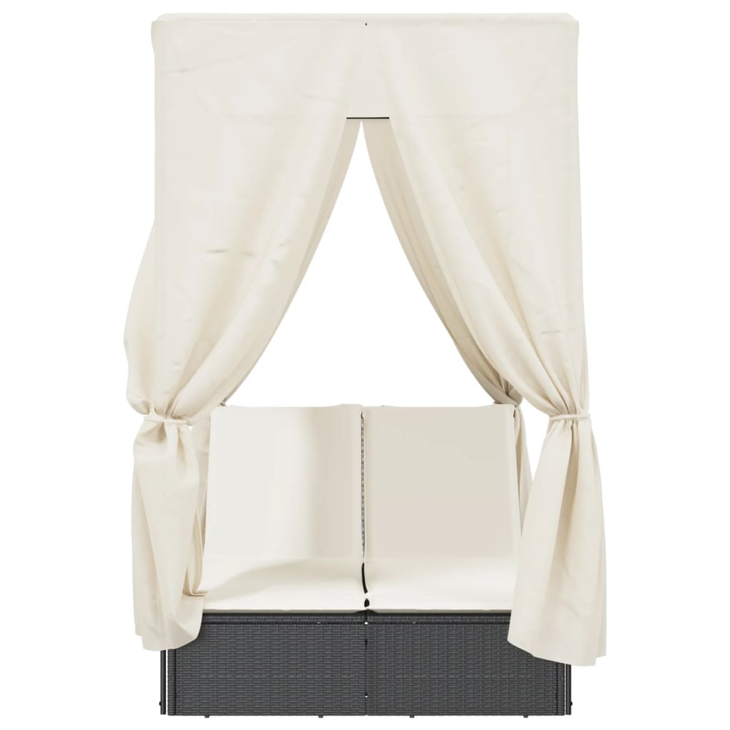 vidaXL Double Sun Lounger with Roof and Curtain Poly Rattan Black