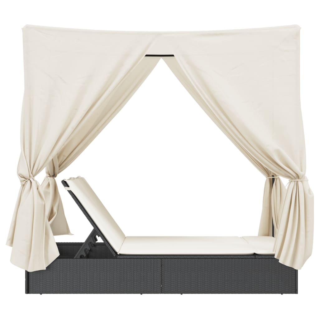 vidaXL Double Sun Lounger with Roof and Curtain Poly Rattan Black
