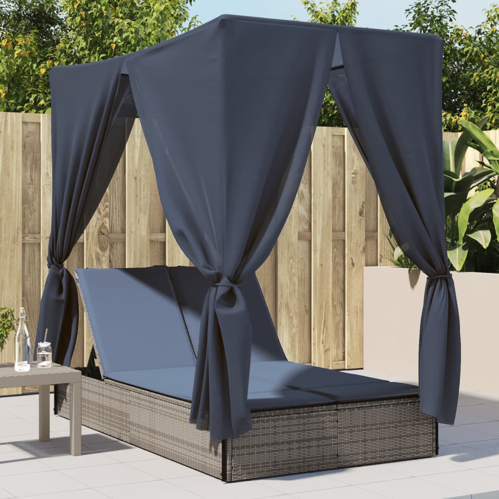 vidaXL Ligbed tweepersoons met dak en gordijn poly rattan grijs
