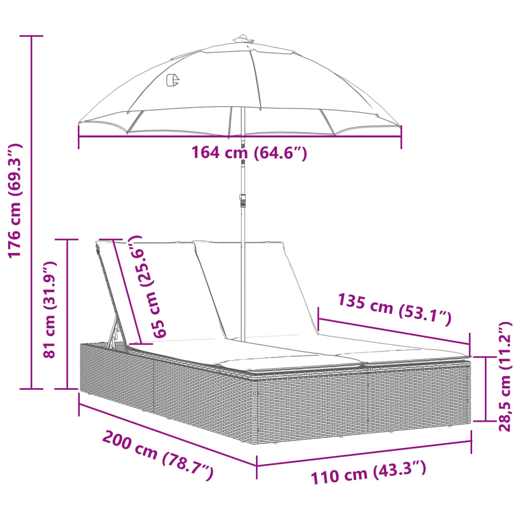 vidaXL 2-Seater Sun Lounger with Cushions and Parasol Poly Rattan Brown