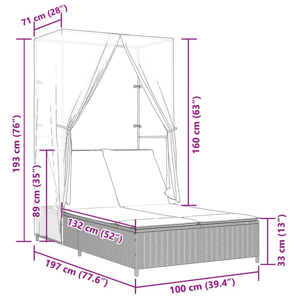 vidaXL Double Daybed with Canopy and Curtains Poly Rattan Grey