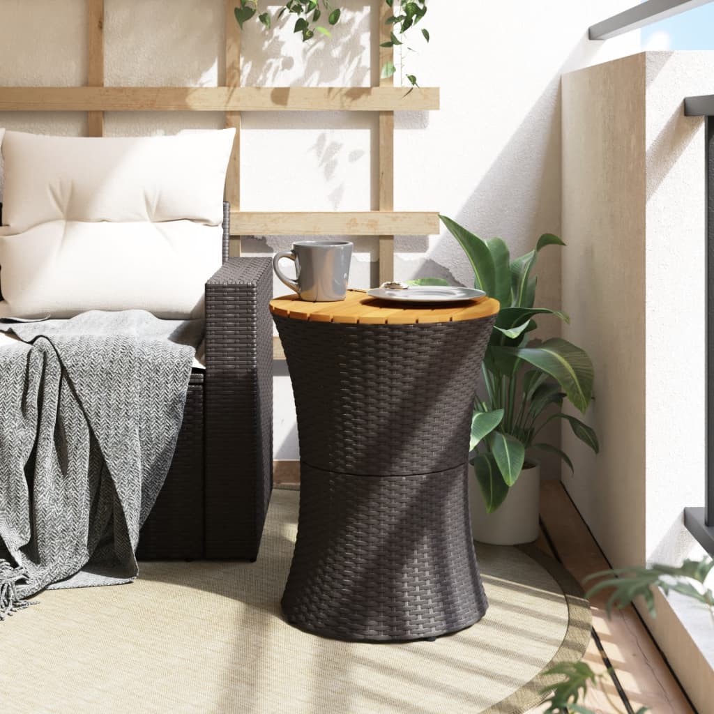 vidaXL Tuinbijzettafel trommelvormig poly rattan en massief hout zwart