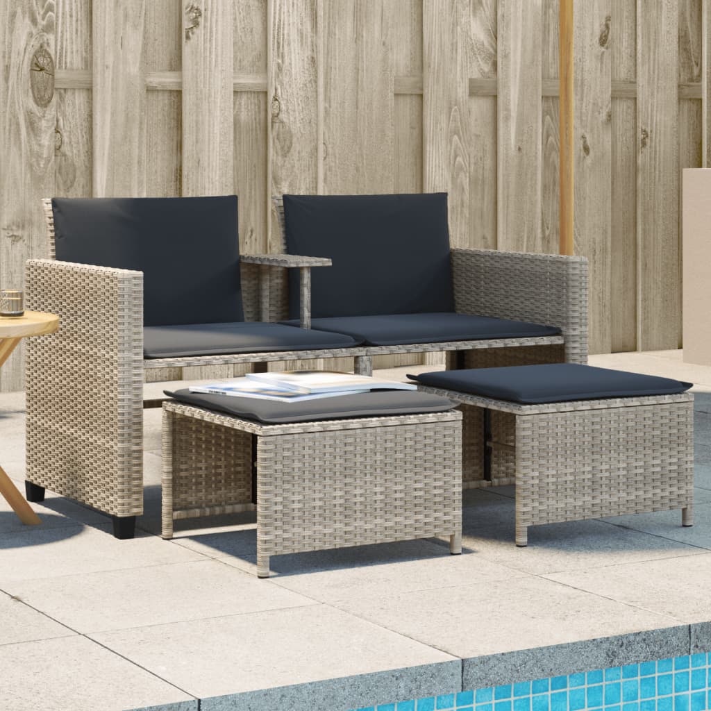vidaXL Tuinbank 2-zits met tafel en voetenbanken poly rattan zwart