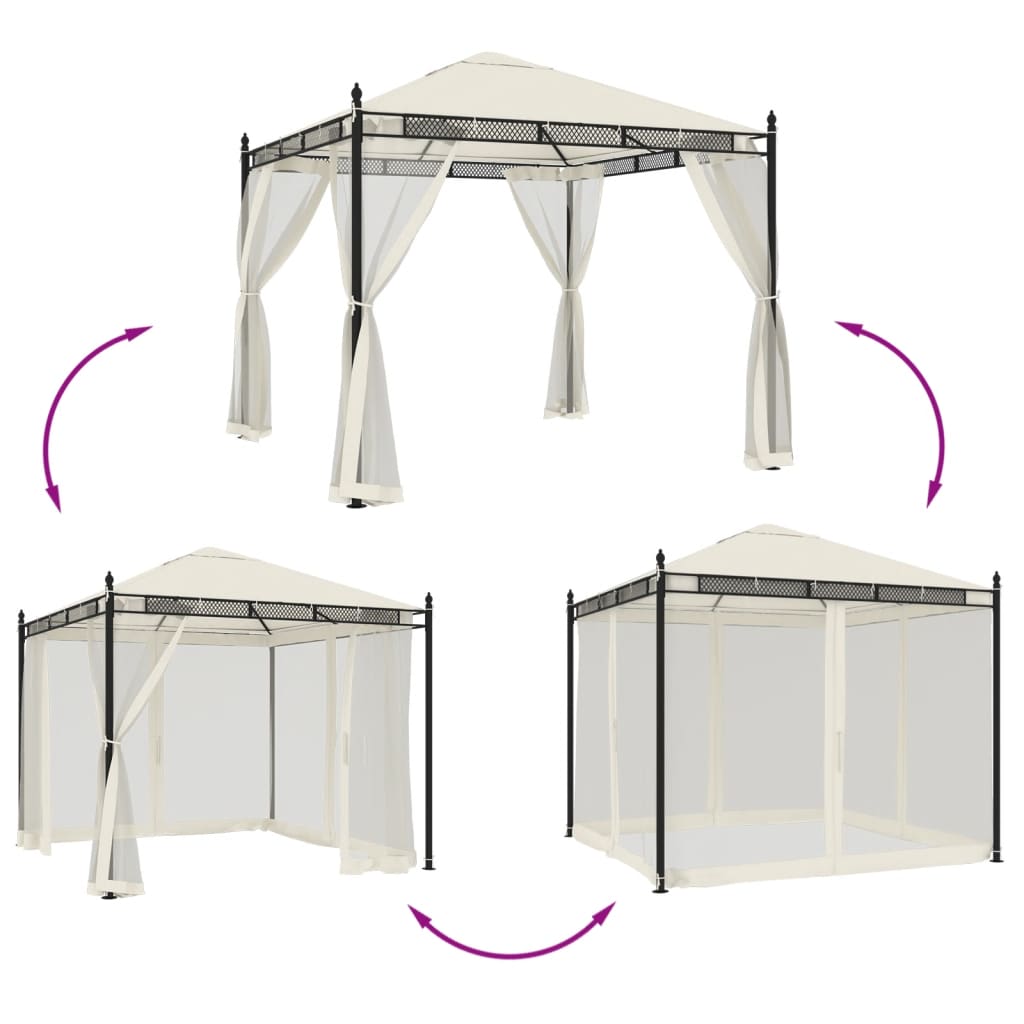 vidaXL Gazebo with Mesh Sidewalls 2.93x2.93 m Steel Cream