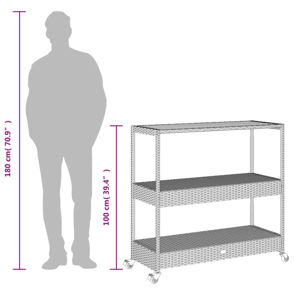 vidaXL Bartrolley 3-laags poly rattan en massief acaciahout zwart