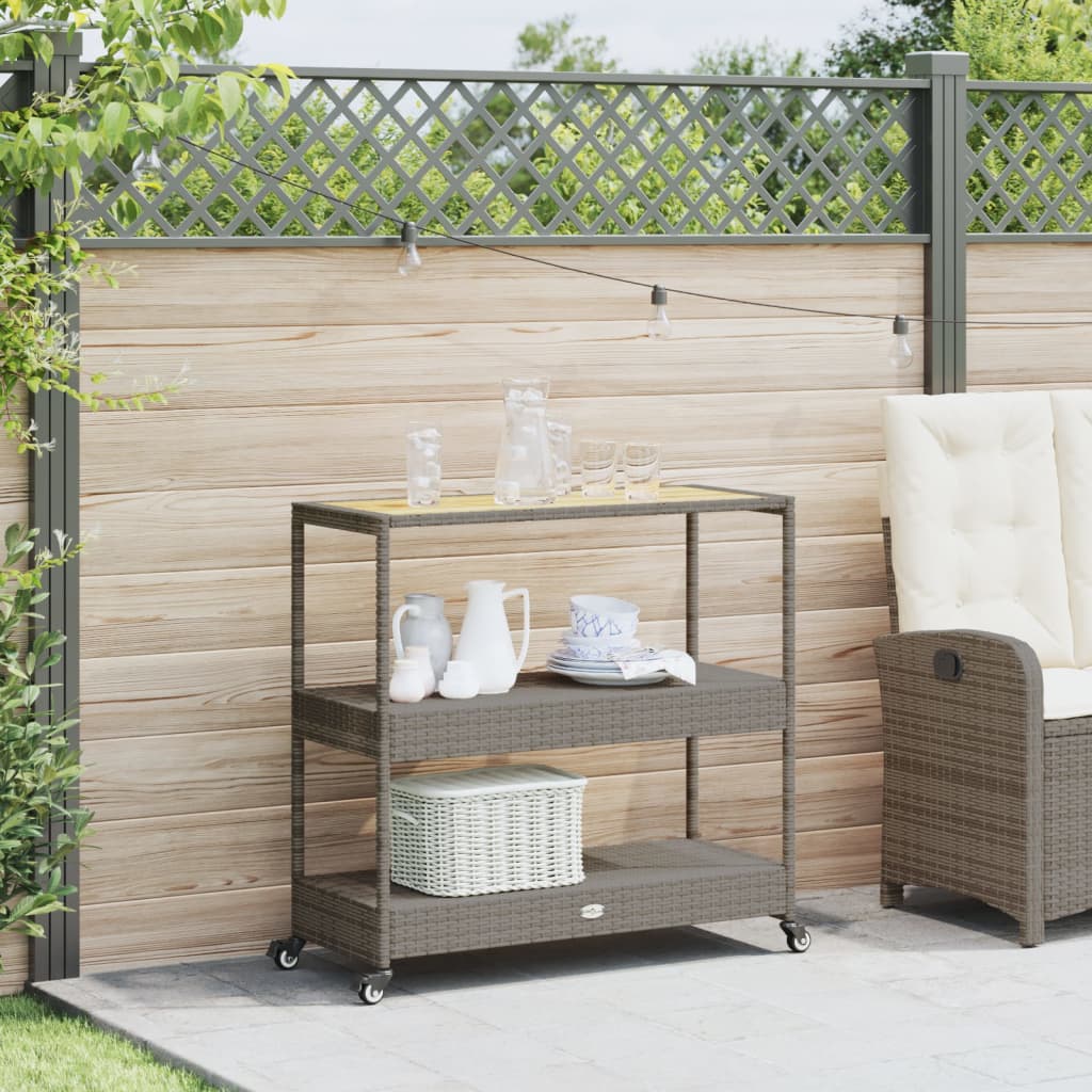 vidaXL Bartrolley 3-laags poly rattan en massief acaciahout zwart