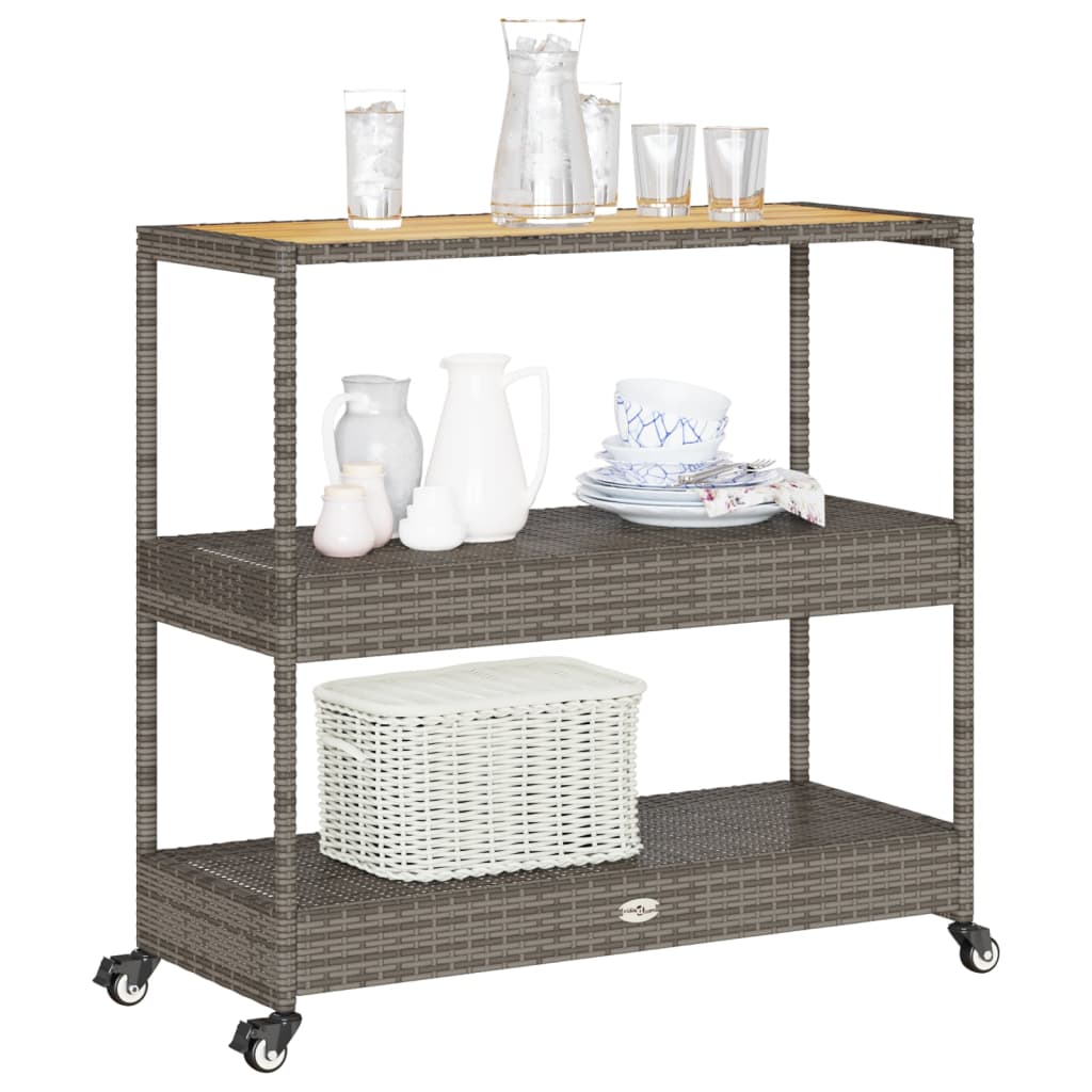 vidaXL Bartrolley 3-laags poly rattan en massief acaciahout zwart