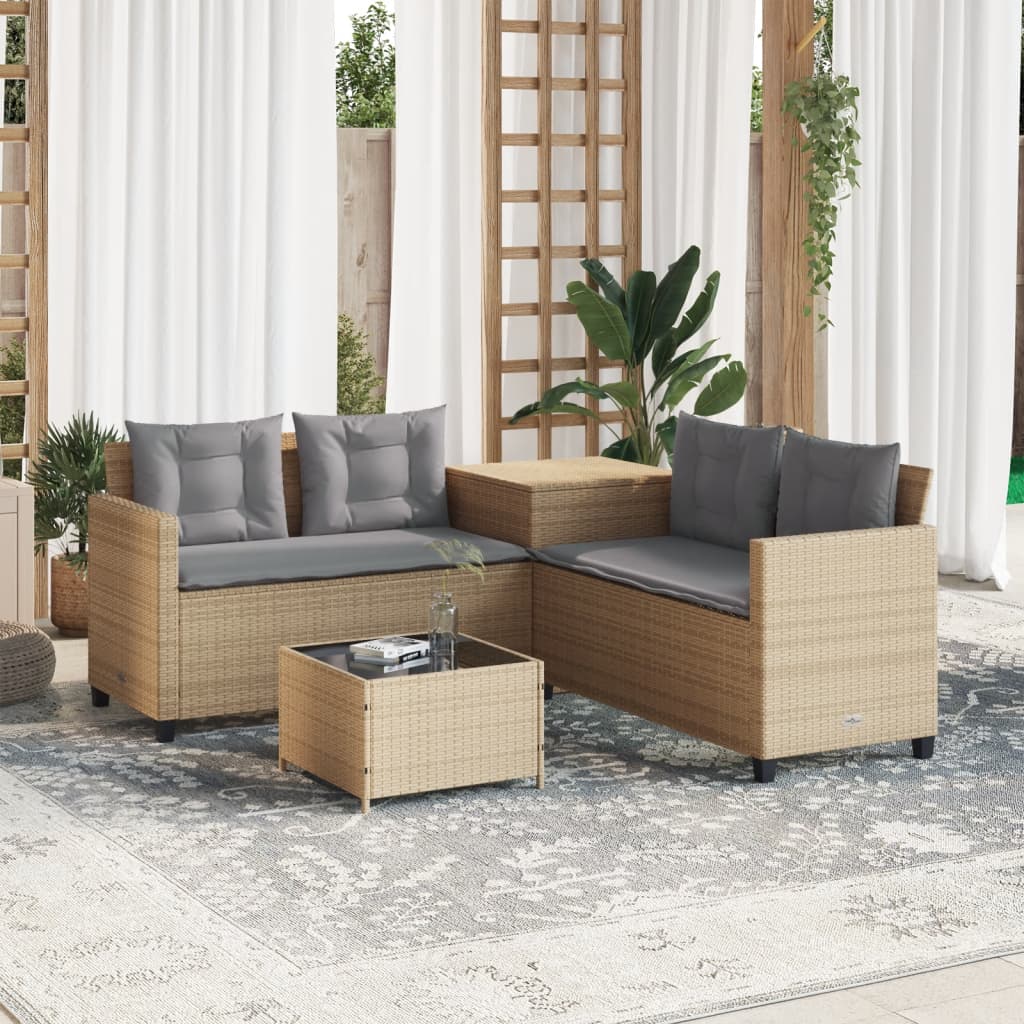 vidaXL L-Shaped Poly Rattan Garden Sofa with Table and Cushions Black