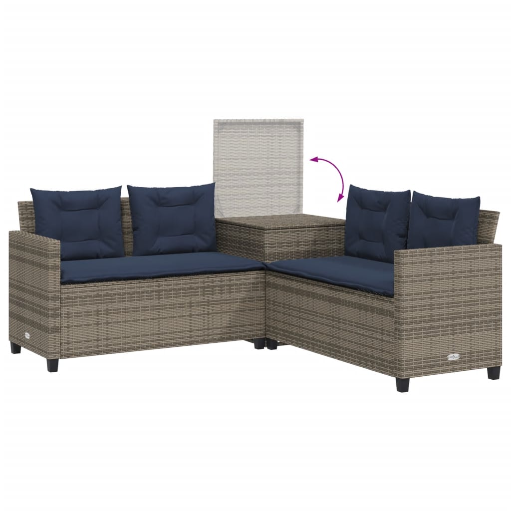 vidaXL Tuinbank met tafel en kussens L-vormig grijs poly rattan