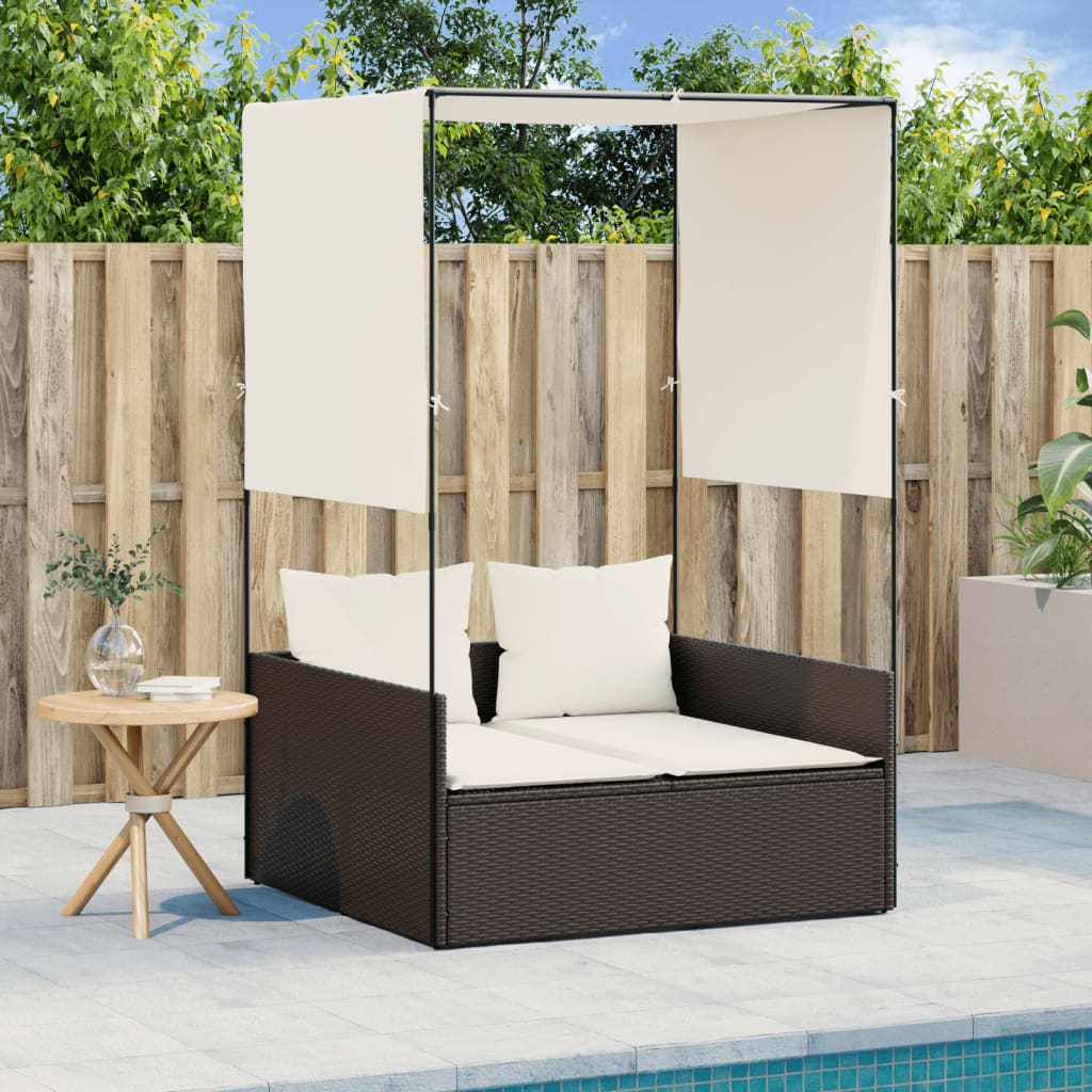 vidaXL Double Sun Lounger with Roof and Curtain Poly Rattan Black